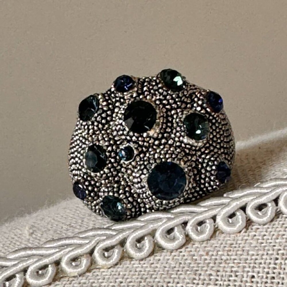 Vintage Custom Silver Tone Textured Statement Ring with Blue Stones - Size 7